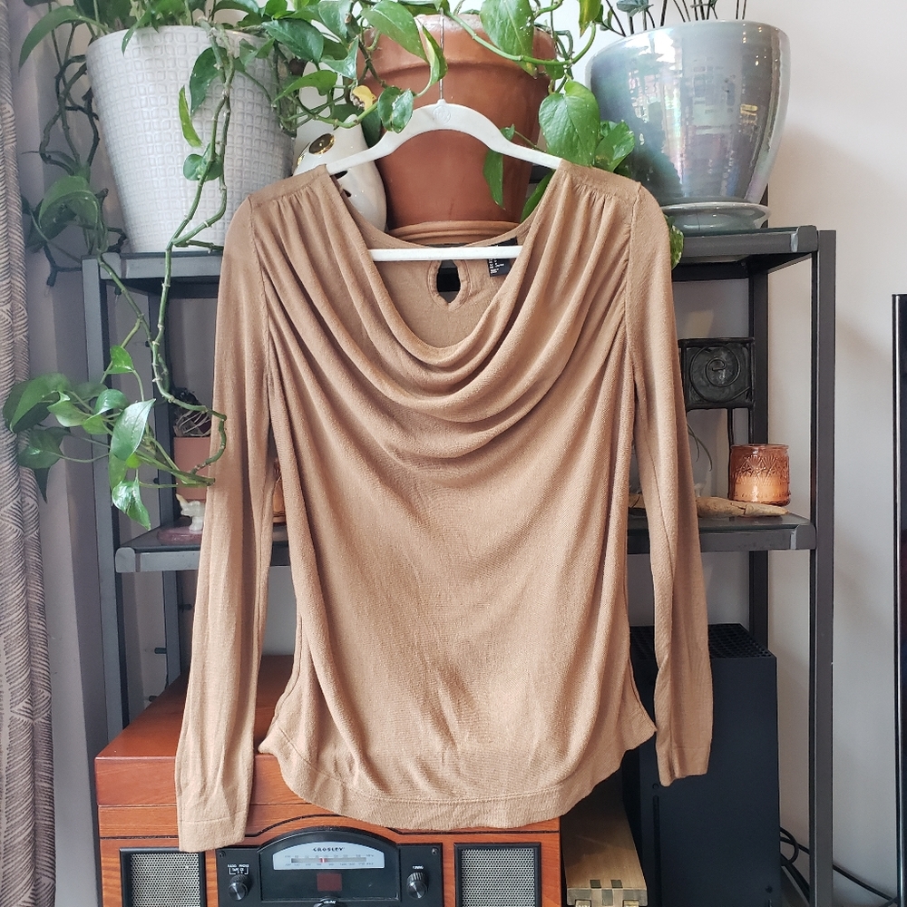 H&M camel colored knit top w/ drape cowl front